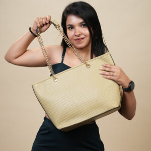 Quilted Faux Leather Tote Bag with Golden Chain Handles | Ladies Purse Handbag