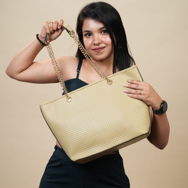 Quilted Faux Leather Tote Bag with Golden Chain Handles | Ladies Purse Handbag