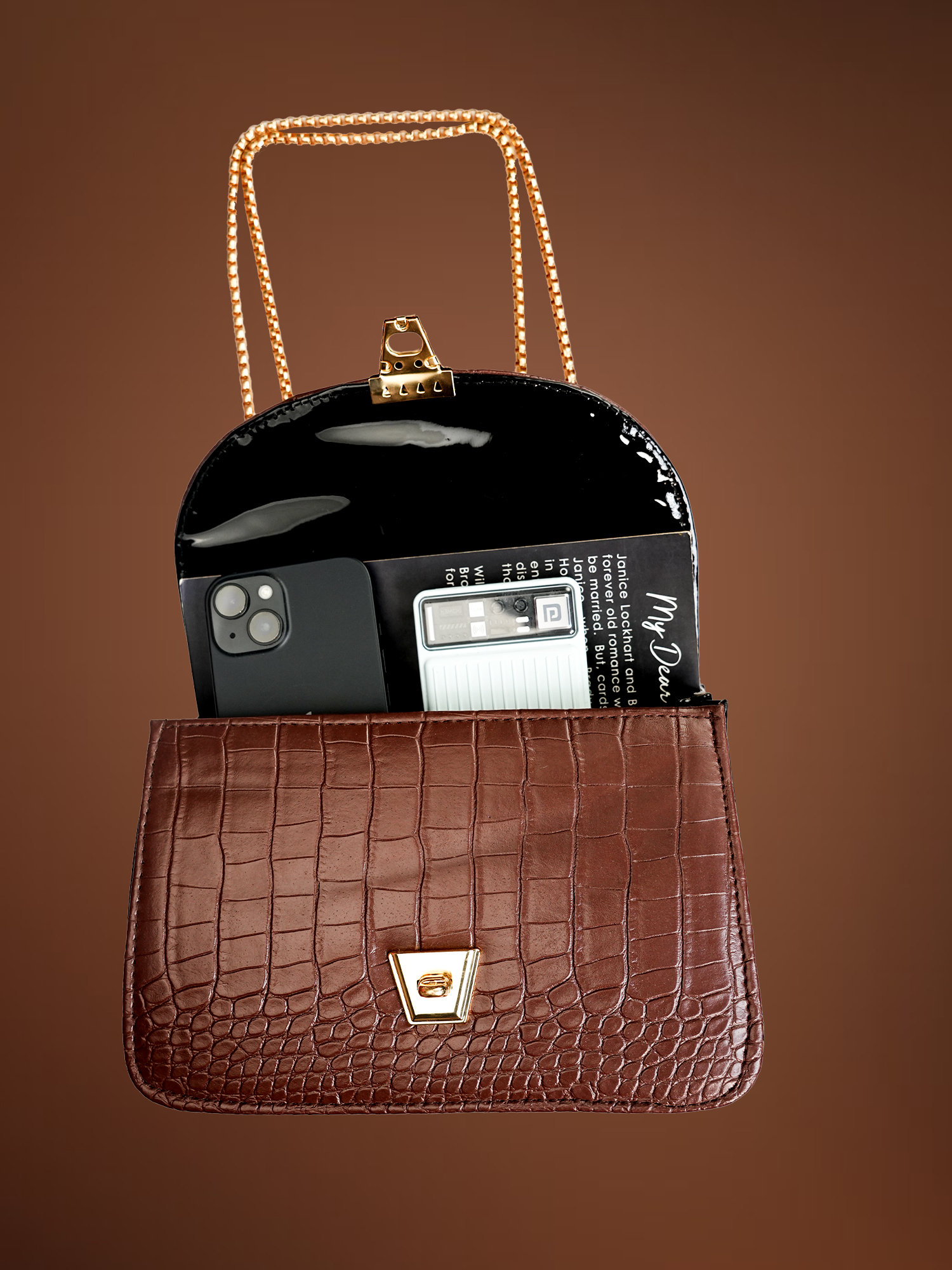 Women's Sling Bag with Gold Chain Strap, Stylish Sling Bag for Women 22 cm x 15 cm (Dark Brown) - Image 4