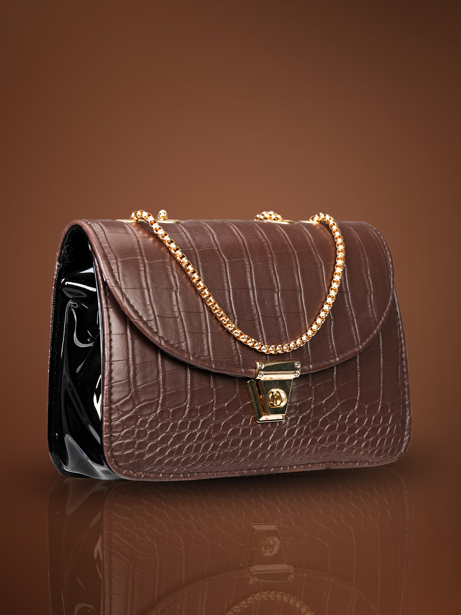 Women's Sling Bag with Gold Chain Strap, Stylish Sling Bag for Women 22 cm x 15 cm (Dark Brown)
