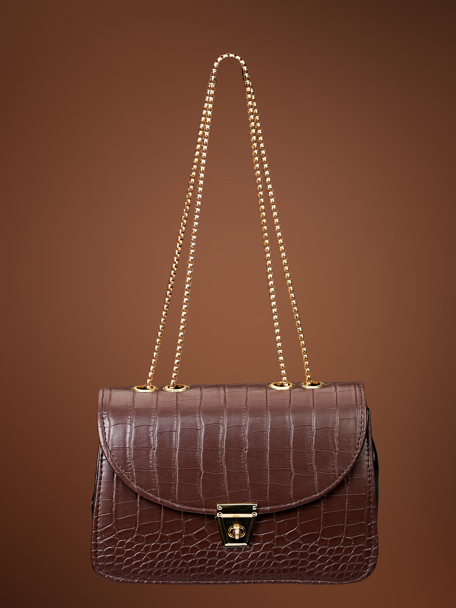 Women's Sling Bag with Gold Chain Strap, Stylish Sling Bag for Women 22 cm x 15 cm (Dark Brown) - Image 3