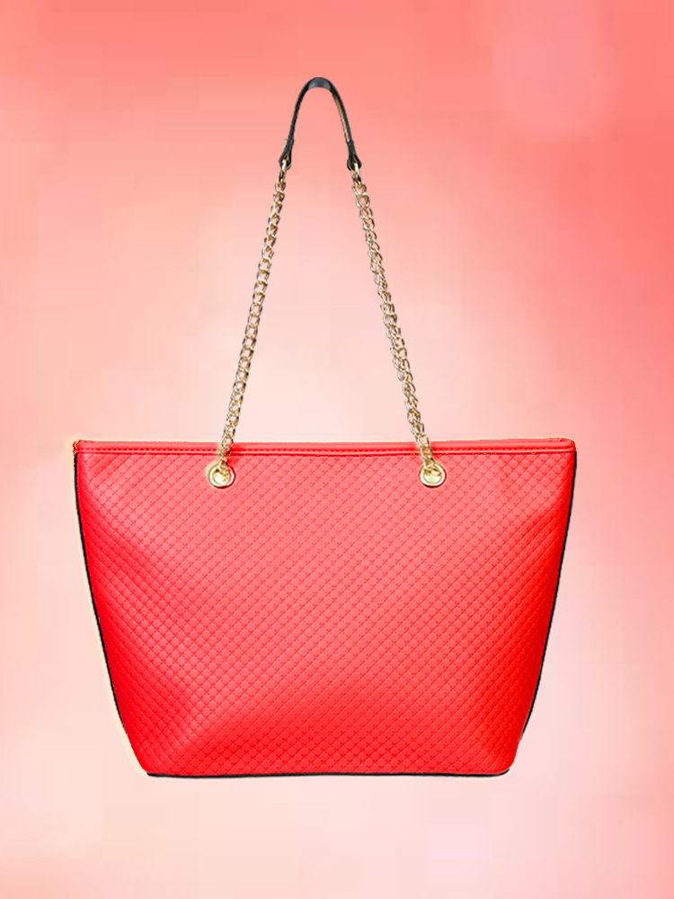 Quilted Faux Leather Tote Bag with Golden Chain Handles | Ladies Purse Handbag (Red)