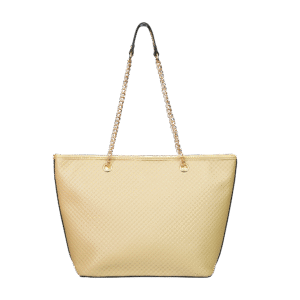 Quilted Faux Leather Tote Bag with Golden Chain Handles | Ladies Purse Handbag (Beige)